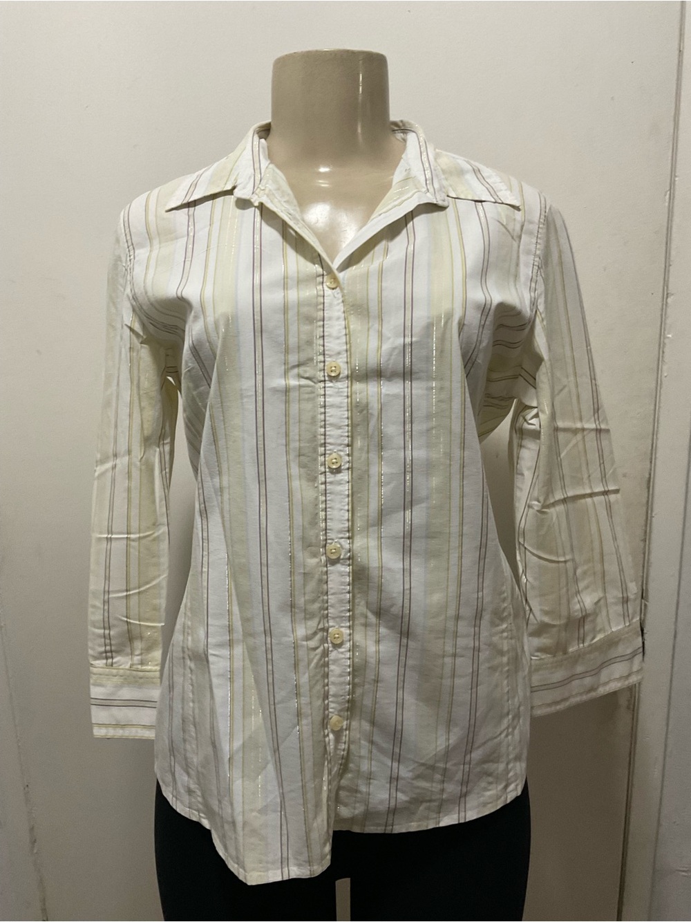 Merona women's white yellow & sliver tinsel Stripe Button-Down Y2K top size M